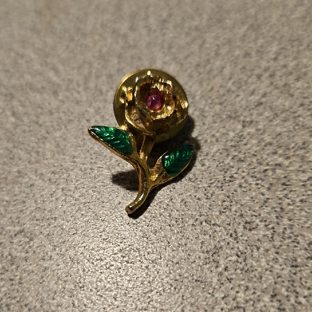 Gold Floral Brooch with Green Leaves and Pink Center